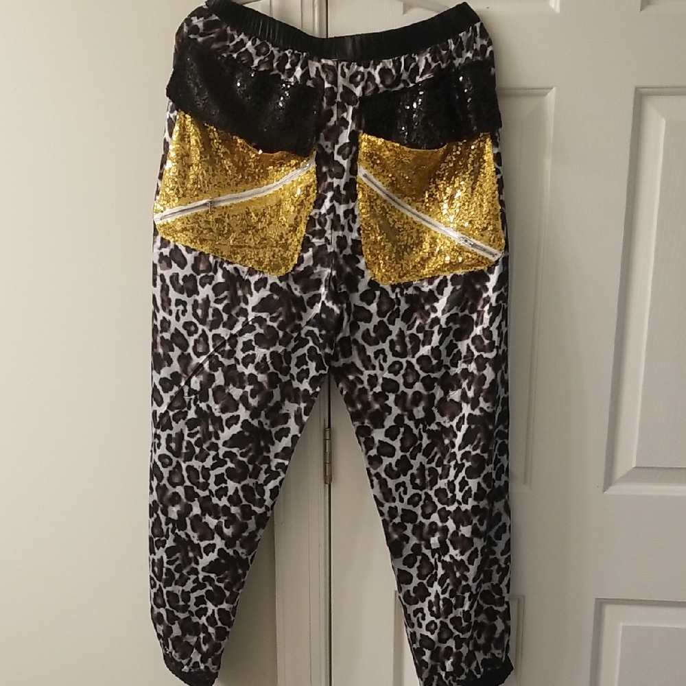 Leopard Print Pants with Gold and Black Sequins
